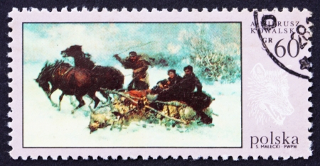 POLAND - CIRCA 1968: a stamp printed in the Poland shows Wolves Raid, by A. Wierusz-Kowalski, Hunt Painting, circa 1968のeditorial素材