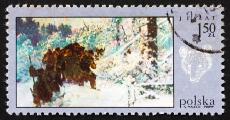 POLAND - CIRCA 1968: a stamp printed in the Poland shows Bear Hunt, by Julian Falat, Hunt Painting, circa 1968のeditorial素材