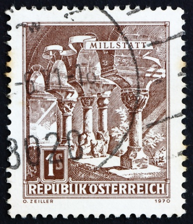 AUSTRIA - CIRCA 1970: a stamp printed in the Austria shows Romanesque Columns, Millstatt Abbey, circa 1970のeditorial素材
