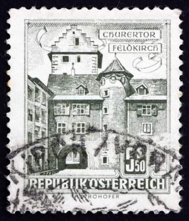 AUSTRIA - CIRCA 1960: a stamp printed in the Austria shows Chur Gate, Feldkirch, circa 1960のeditorial素材