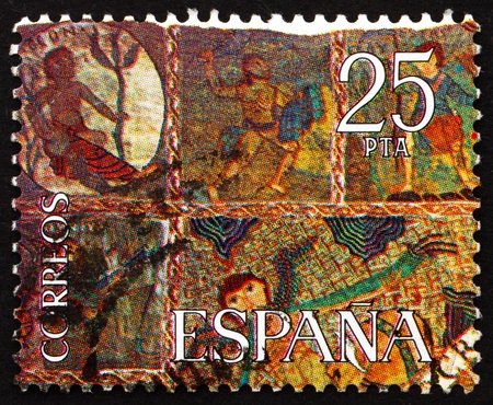 SPAIN - CIRCA 1980: a stamp printed in the Spain shows Part of The Creation, Tapestry, Gerona Cathedral, circa 1980のeditorial素材