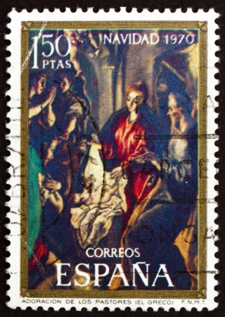 SPAIN - CIRCA 1970: a stamp printed in the Spain shows Adoration of the Shepherds, by El Greco, Painting, Christmas, circa 1970のeditorial素材