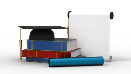 Bachelor cap, diploma and books for the student isolated on whiteの写真素材