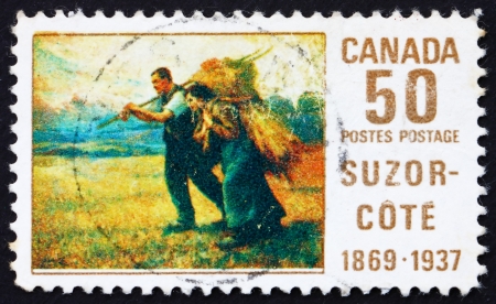 CANADA - CIRCA 1969: a stamp printed in the Canada shows Return from the Harvest Field, Painting by Aurele de Foy Suzor-Cote, circa 1969のeditorial素材