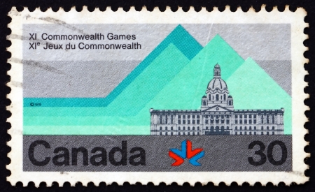 CANADA - CIRCA 1978: a stamp printed in the Canada shows Alberta Legislature Building, 11th Commonwealth Games, Edmonton, circa 1978のeditorial素材