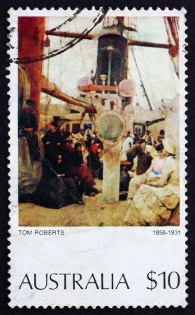 AUSTRALIA - CIRCA 1977: a stamp printed in the Australia shows Coming South (Immigrants), Painting by Tom Roberts, circa 1977のeditorial素材
