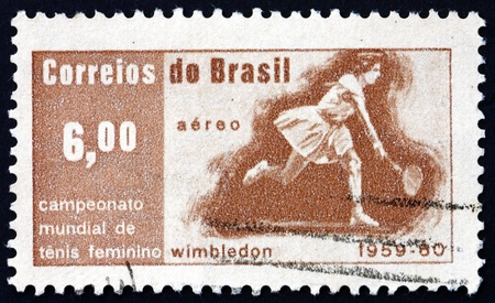BRAZIL - CIRCA 1960: a stamp printed in the Brazil shows Maria E. Bueno, Victory at Wimbledon of Maria E. Bueno, Women's Singles Tennis Champion, circa 1960のeditorial素材
