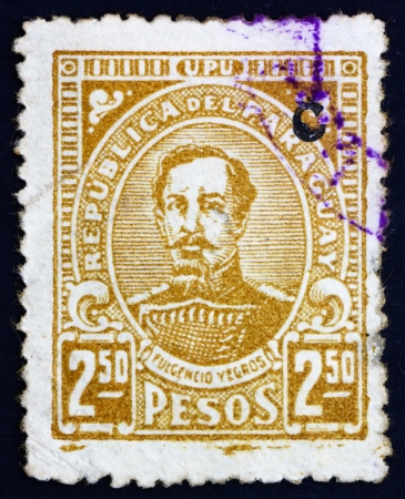 PARAGUAY - CIRCA 1927: a stamp printed in Paraguay shows Fulgencio Yegros, First Head of State of Independent Paraguay, circa 1927のeditorial素材