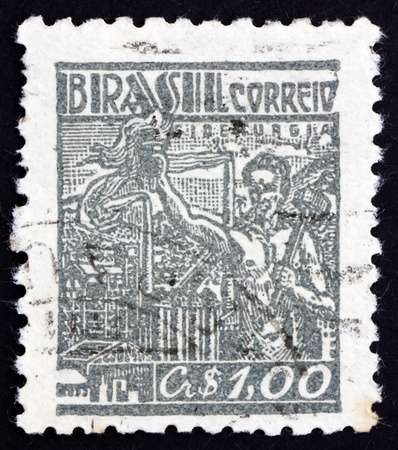 BRAZIL - CIRCA 1947: a stamp printed in the Brazil shows Prometheus and Steel Industry, Thief of Fire for Human Use, Progress and Civilization, circa 1947のeditorial素材