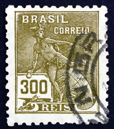 BRAZIL - CIRCA 1920: a stamp printed in the Brazil shows Mercury and Globe, Symbol of Trade, circa 1920のeditorial素材