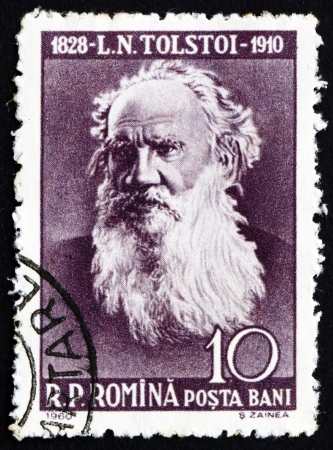 ROMANIA - CIRCA 1960: a stamp printed in the Romania shows Leo Tolstoy, Lev Nikolayevich Tolstoy, Russian Writer, circa 1960のeditorial素材