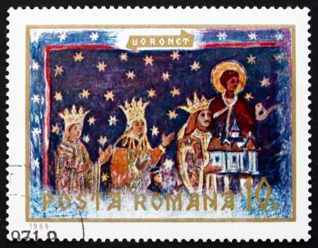 ROMANIA - CIRCA 1969: a stamp printed in the Romania shows Stephen the Great and Family, Fresco from Voronet Monastery, Wall Painting, circa 1969のeditorial素材