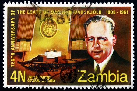 ZAMBIA - CIRCA 1971: a stamp printed in the Zambia shows Dag Hammarskjold and UN General Assembly, circa 1971のeditorial素材