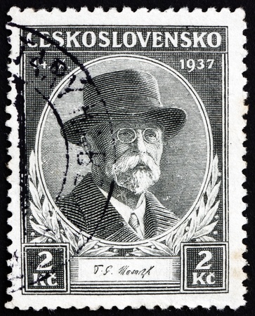 CZECHOSLOVAKIA - CIRCA 1937: a stamp printed in the Czechoslovakia shows Tomas Garrigue Masaryk, Politician, Sociologist and Philosopher, first President of Czechoslovakia, circa 1937のeditorial素材