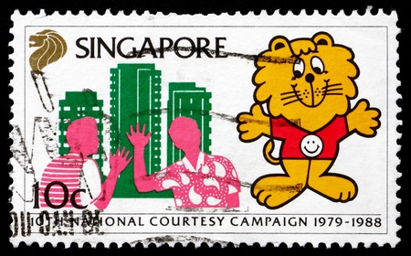 SINGAPORE - CIRCA 1988: a stamp printed in the Singapore shows Singa the Lion and Neighbors, 10th Anniversary of Courtesy Campaign, circa 1988のeditorial素材