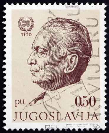YUGOSLAVIA - CIRCA 1972: a stamp printed in the Yugoslavia shows Marshal Tito by Bozidar Jakac, Josip Broz Tito, 1st President of Yugoslavia, circa 1972のeditorial素材