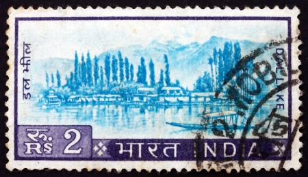 INDIA - CIRCA 1967: a stamp printed in India shows View of Dal Lake, Kashmir, circa 1967のeditorial素材