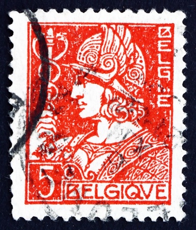 BELGIUM - CIRCA 1932: a stamp printed in the Belgium shows Mercury, God of Trade, circa 1932のeditorial素材