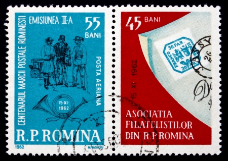 ROMANIA - CIRCA 1962: a stamp printed in the Romania shows Stage Driver, Painting by Szatmary, Stamp Day, circa 1962のeditorial素材