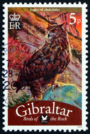 GIBRALTAR - CIRCA 2008: a stamp printed in the Gibraltar shows Eagle Owl, Bubo Bubo, Bird of Prey, circa 2008のeditorial素材