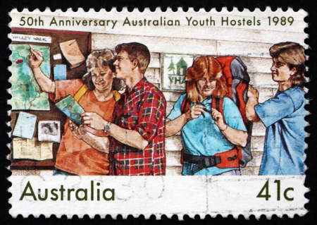 AUSTRALIA - CIRCA 1989: a stamp printed in the Australia shows Australian Youth Hostels, 50th Anniversary, circa 1989のeditorial素材