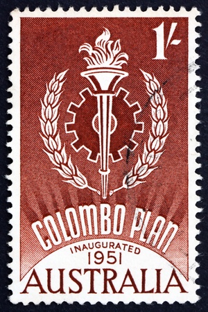 AUSTRALIA - CIRCA 1961: a stamp printed in the Australia shows Colombo Plan Emblem, for the Peaceful Development of South East Asia Countries, 10th Anniversary, circa 1961のeditorial素材