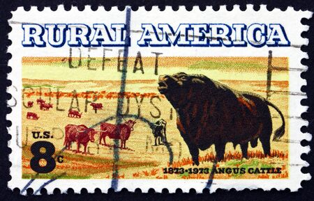 UNITED STATES OF AMERICA - CIRCA 1973: a stamp printed in the USA shows Angus and Longhorn Cattle, Centenary of Introduction of Angus Cattle to US, circa 1973のeditorial素材