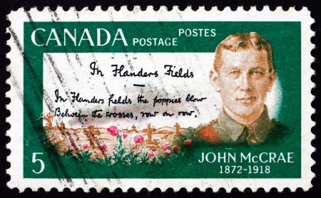 CANADA - CIRCA 1968: a stamp printed in the Canada shows Lieutenant Colonel John McCrae, Author of In Flanders Fields, circa 1968のeditorial素材