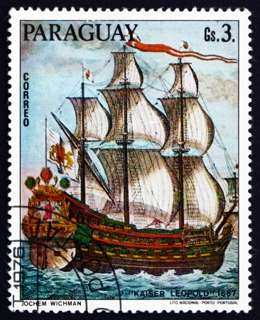 PARAGUAY - CIRCA 1976: a stamp printed in Paraguay shows Kaiser Leopold, 1667, German Sailing Ship, Painting by Jochem Wichman, circa 1976のeditorial素材
