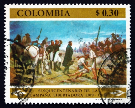 COLOMBIA - CIRCA 1969: a stamp printed in the Colombia shows Army of Liberation Crossing Pisba Pass, by Francisco Antonio Caro, Fight for Independence, circa 1969のeditorial素材