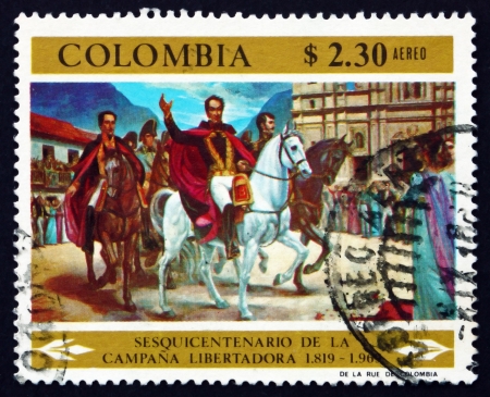 COLOMBIA - CIRCA 1969: a stamp printed in the Colombia shows Simon Bolivar and Victorious Army Entering Bogota, Painting by Ignacio Castillo Cervantes, circa 1969のeditorial素材