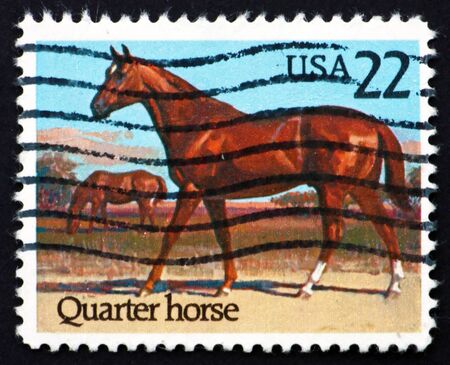 UNITED STATES OF AMERICA - CIRCA 1985: a stamp printed in the USA shows Quarter Horse, Race Horse, circa 1985のeditorial素材