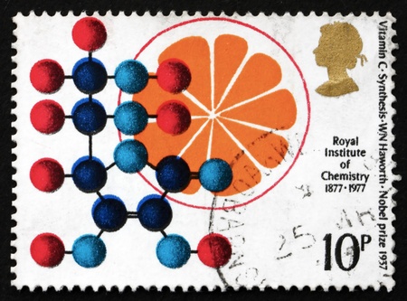 GREAT BRITAIN - CIRCA 1969: a stamp printed in the Great Britain shows Vitamin C Synthesis, Formula and Orange, Walter Norman Haworth, 1937 Nobel Prize Winner, circa 1969のeditorial素材