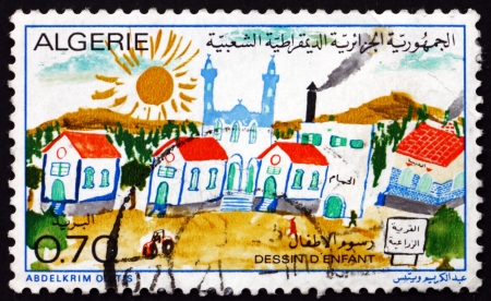 ALGERIA - CIRCA 1974: a stamp printed in Algeria shows Village, Design after Childrens Drawing, circa 1974のeditorial素材