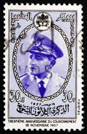 MOROCCO - CIRCA 1957: a stamp printed in the Morocco shows Mohammed V, King of Morocco, 30th Anniversary of Enthronement of Mohammed V, circa 1957のeditorial素材
