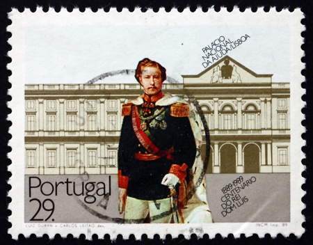 PORTUGAL - CIRCA 1989: a stamp printed in the Portugal shows King Luis I and Ajuda National Palace, Lisbon, circa 1989のeditorial素材