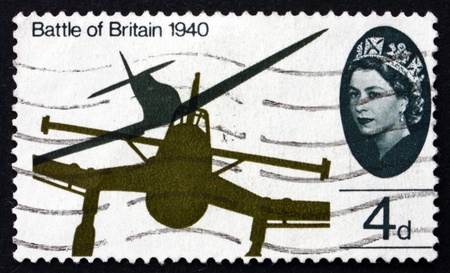GREAT BRITAIN - CIRCA 1965: a stamp printed in the Great Britain shows Wing tips of Messerschmitt ME-109 and Spitfire, 25th anniversary of the Battle of Britain, circa 1965のeditorial素材