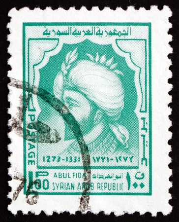 SYRIA - CIRCA 19674 a stamp printed in the Syria shows Abul Fida Ismail Hamwi, Abulfeda, Historian, Geographer and Lokal Governor of Hamah, Syrian Prince, circa 1974のeditorial素材