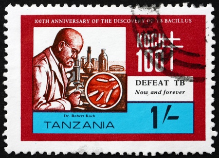 TANZANIA - CIRCA 1982: a stamp printed in Tanzania shows Robert Koch, Discoverer of Tubercle Bacillus, circa 1982のeditorial素材