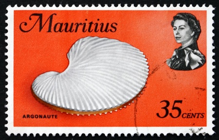 MAURITIUS - CIRCA 1969: a stamp printed in the Mauritius shows Argonaut Shell, Argonauta, Octopus, circa 1969のeditorial素材