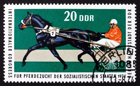 GDR - CIRCA 1974: a stamp printed in GDR shows Trotter, Race Horse, International Horse Breeders of Socialist Countries, Berlin, circa 1974のeditorial素材
