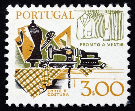 PORTUGAL - CIRCA 1978: a stamp printed in the Portugal shows Garment Making, Old and New, circa 1978のeditorial素材
