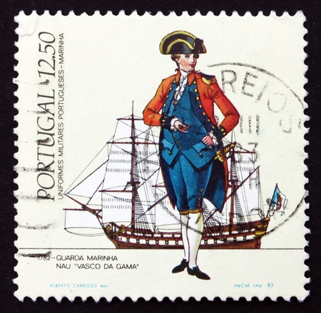 PORTUGAL - CIRCA 1983: a stamp printed in the Portugal shows Midshipman, 1782, Vasco da Gama, Naval Uniforms and Ships, circa 1983のeditorial素材