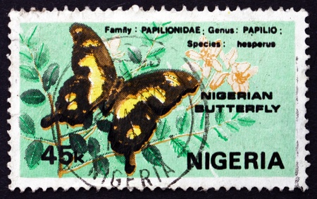 NIGERIA - CIRCA 1982: a stamp printed in Nigeria shows Hesperus Swallowtail, Papilio Hesperus, Butterfly, circa 1982のeditorial素材