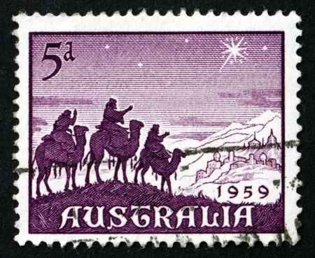 AUSTRALIA - CIRCA 1959: a stamp printed in the Australia shows Approach of the Magi, Christmas, circa 1959のeditorial素材