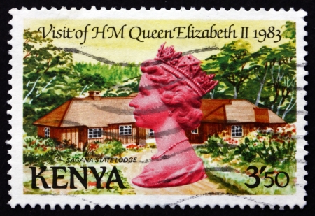 KENYA - CIRCA 1983: a stamp printed in Kenya shows Sagana State Lodge, Visit of HM Queen Elizabeth II, circa 1983のeditorial素材