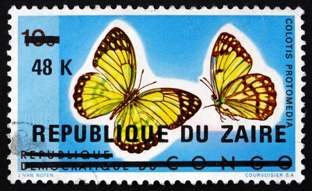 ZAIRE - CIRCA 1977: a stamp printed in the Zaire shows Yellow Splendour Tip, Colotis Protomedia, Butterfly, circa 1977のeditorial素材