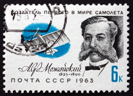 RUSSIA - CIRCA 1963: a stamp printed in the Russia shows Alexander Fedorovich Mozhaysky, Aviation Pioneer, Airplane Builder, circa 1963のeditorial素材