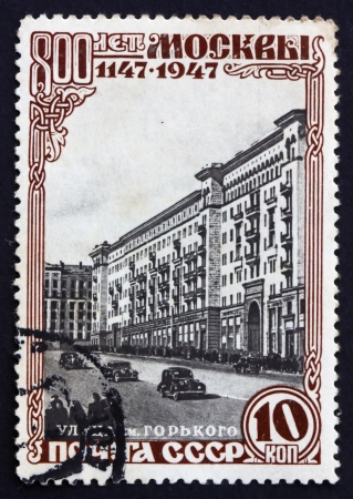 RUSSIA - CIRCA 1947: a stamp printed in the Russia shows Gorki Street, 800th Anniversary of Founding of Moscow, circa 1947のeditorial素材