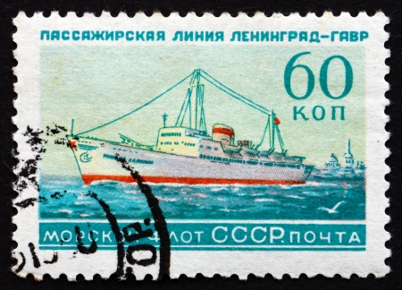 RUSSIA - CIRCA 1959: a stamp printed in the Russia shows M. S. Mikhail Kalinin at Leningrad, Honoring the Russian Fleet, circa 1959のeditorial素材